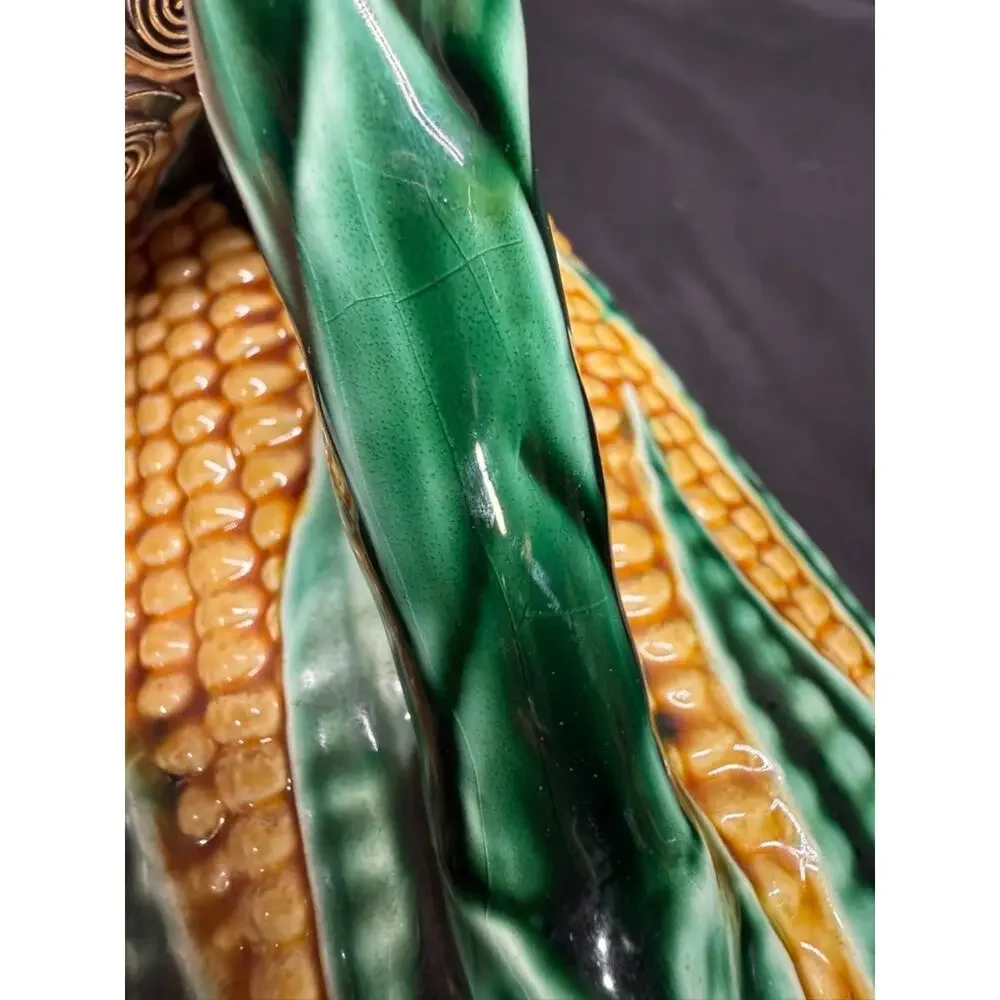 Vintage corn & husk pitcher ceramic majolica style portugal 8 inch yellow green